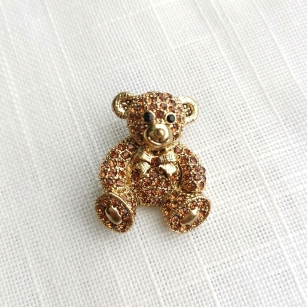 Vintage teddy bear brooch pin gold tone crystals